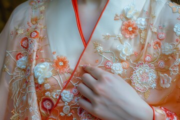 Close-up of a person wearing an intricately embroidered traditional garment with floral patterns and delicate fabric.

