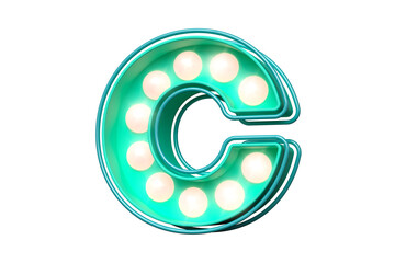 3D font letter C in teal with pink light bulbs. High quality 3D rendering.