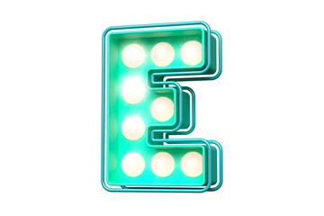 3D letter E in aqua green with light pink. Attractive marquee light bulb font. High quality 3D rendering.