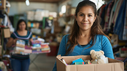 cheerful young woman is holding a box of donated items in a thrift store setting, with another person visible in the background. - obrazy, fototapety, plakaty