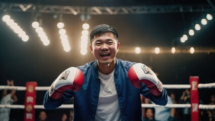 Boxing asian man very happy and excited doing winner gesture with arms raised