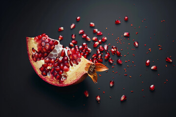 Ripe pomegranate fruit on a black background with copy space