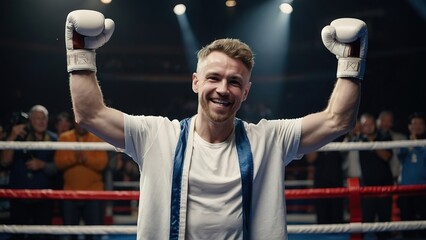 Boxing white man very happy and excited doing winner gesture with arms raised