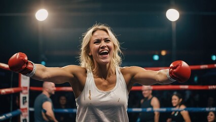 Boxing blonde woman very happy and excited doing winner gesture with arms raised