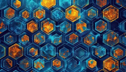 blue seamless hexagon mesh texture backgrounde, linear patterns and shapes, light azure and amber, psychedelic surrealism - obrazy, fototapety, plakaty