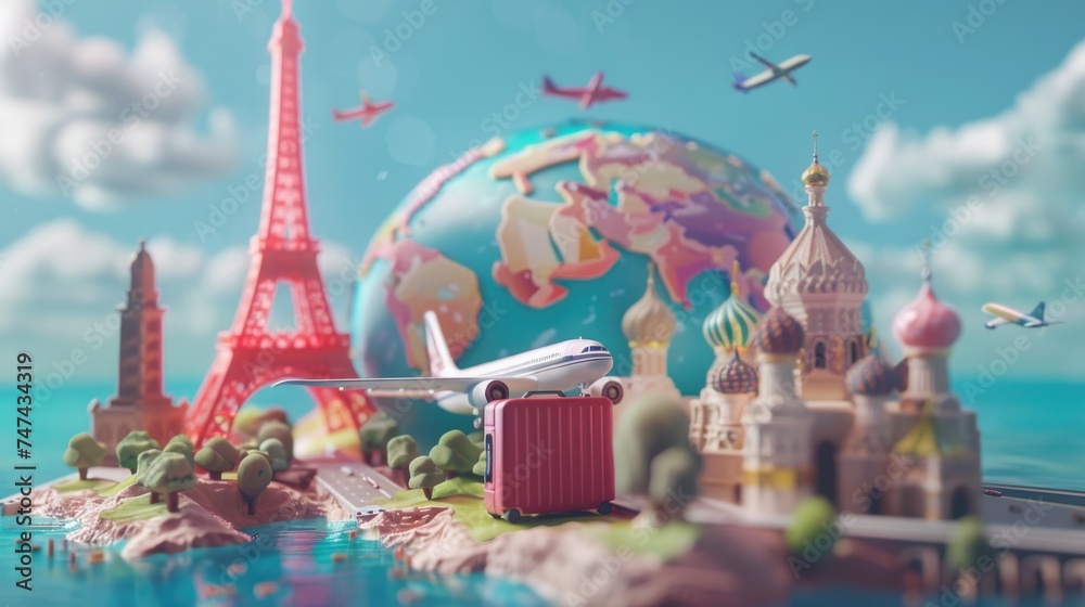 Poster Model of the world with a plane and a globe in the background. Ideal for travel and global concepts