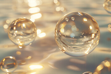 Transparent glass balls on the water surface. Abstract background for design.