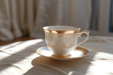 Fototapeta premium A vintage porcelain teacup and saucer with gold detailing, elegantly placed on a sunlit table with soft shadows.