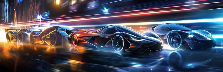car speed with light and blur shadows, multi-panel compositions, distinctive character design, futuristic design, dark azure and black