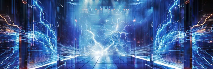 cinematic stage theater spectacular backdrops, lightning wave, dark azure and black, mechanical designs,   vibrant, high-energy imagery