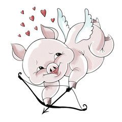Funny pig,  happy animal cartoon illustration, happy piggy print, on a transparent background, character, png