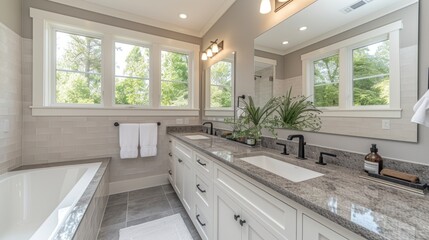 white vanity topped with gray countertop on Modern bathroom interior