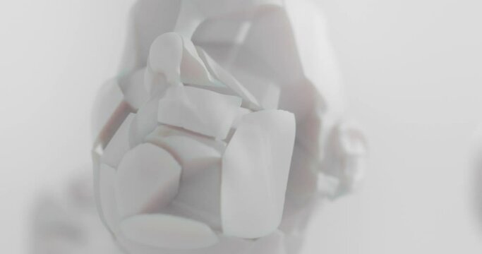 Crushed heads of decommissioned androids on a white studio background