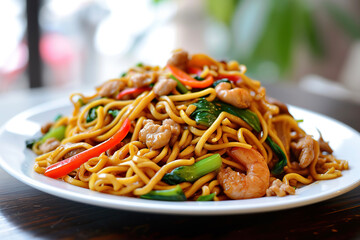 A plate of lo mein, a Chinese dish with egg noodles. It often contains vegetables and some type of meat or seafood, usually beef, chicken, pork, shrimp, or wontons.