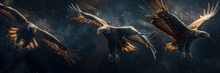 eagles flying with open wings, dark azure and bronze, ranger, panel composition mastery - obrazy, fototapety, plakaty