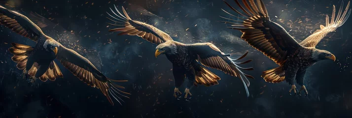 Fototapeten eagles flying with open wings, dark azure and bronze, ranger, panel composition mastery © STOCKYE STUDIO