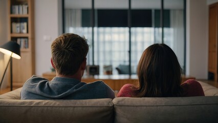 Couple watching TV at home while sitting on sofa