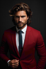 A gentleman with irresistible charm, dressed in vibrant business clothes, his perfect hairstyle complementing the overall appeal against a solid, chic background.