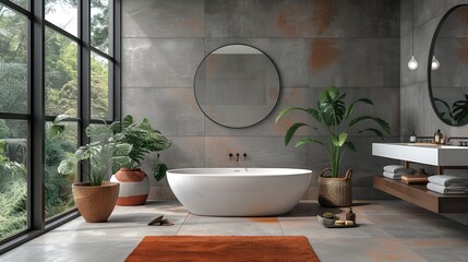 white vanity topped with gray countertop on Modern bathroom interior - obrazy, fototapety, plakaty