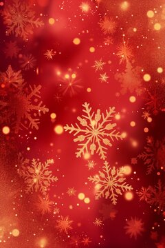 Christmas red background with holiday golden snowflakes, in the style of light red and light gold, vividly bold designs, vertical image, bokeh effect, dark brown and red. Happy New Year celebration.