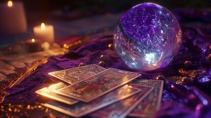 tarot cards, a crystal ball, and candles on a richly decorated purple cloth