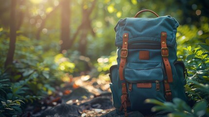 A lone backpack stands amidst a lush forest, bathed in the warm glow of the morning sun filtering through the trees.