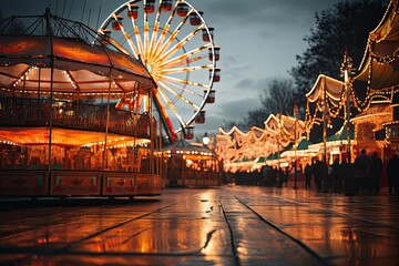 Carnival amusement park with rides that are lit up with colored lights. Blurred fun bright and colorful background. Summer fair at night. Ferris wheel with bright colors. - obrazy, fototapety, plakaty