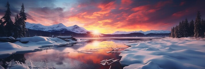 winter landscape with frost, snow and ice on lake and sunset sky with dramatic colored clouds