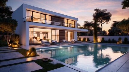 modern residential building with lighting and swimming pool in garden in the evening - obrazy, fototapety, plakaty