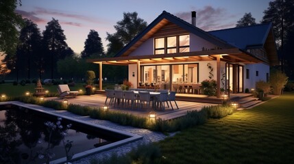 Lonely illuminated villa in nature by a pond at dusk