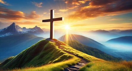 Bright Christian cross on hill outdoors at sunrise, Resurrection of Jesus - obrazy, fototapety, plakaty