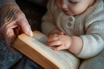 Fototapeta na wymiar Grandparent and toddler discover a book
