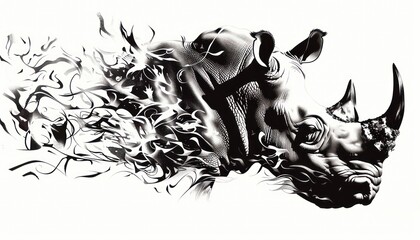 rhino mane or tattoo, in the style of flowing silhouettes, exaggerated facial features, depictions of animals - obrazy, fototapety, plakaty