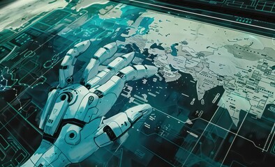 robot hand pointing to the map on screen, in the style of global imagery, dark white and aquamarine