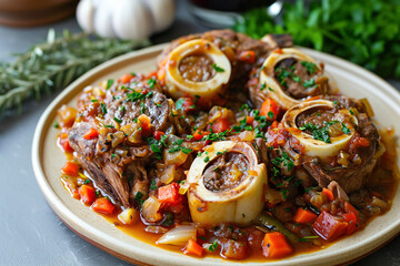 A plate of ossobuco alla milanese, a classic Milanese dish made with veal shanks braised with vegetables, white wine, and broth. - obrazy, fototapety, plakaty