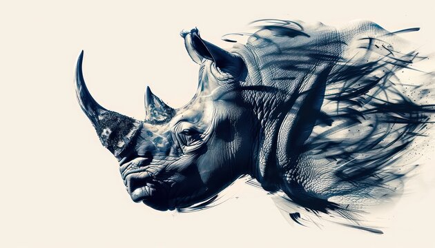 rhino mane or tattoo, in the style of flowing silhouettes, exaggerated facial features, depictions of animals