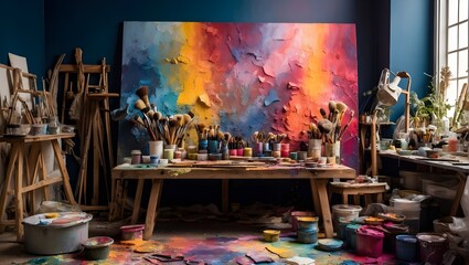 Malstudio mit bunten Farben und Pinseln