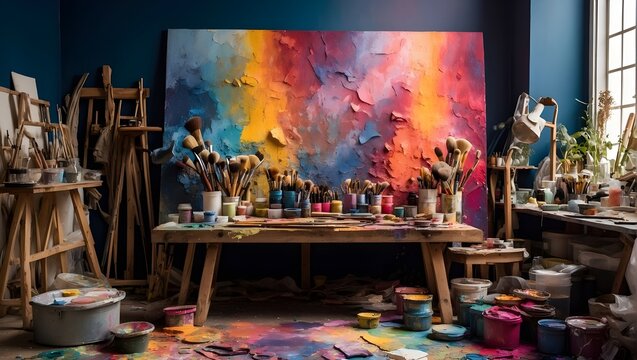 Malstudio mit bunten Farben und Pinseln