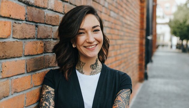  stylish millennial woman with tattos, laughing and proudly standing against an urban brick wall