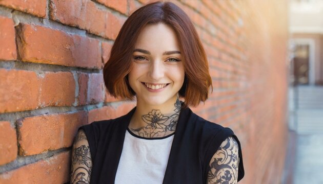  stylish millennial woman with tattos, laughing and proudly standing against an urban brick wall