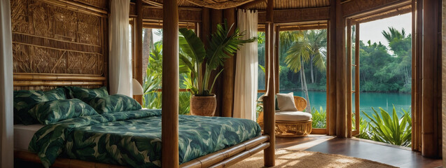 Tropical-inspired bedroom with palm leaf prints, bamboo furniture, and a canopy bed.