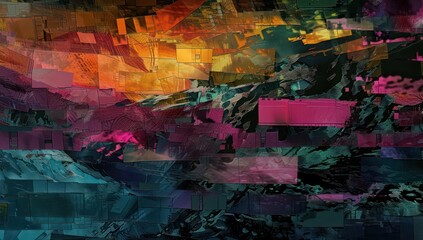 mountain river in the mountains, textured and layered abstract forms, landscapes, modulated color, rectangular