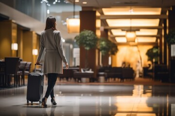 Rear view of young businesswoman walking with suitcase in hotel lobby. Travel and business concept. with copy space.  - Powered by Adobe