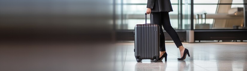 Businesswoman walking with luggage in airport terminal, panoramic banner. Travel and business concept. with copy space.  - obrazy, fototapety, plakaty