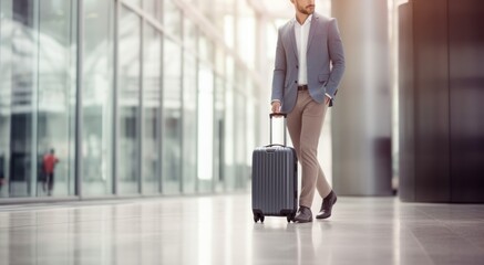 Businessman walking with a suitcase in the airport. Business travel concept. Travel and business concept. with copy space.  - obrazy, fototapety, plakaty