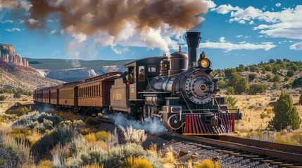 Vintage steam engine train traveling on train tracks. Suitable for transportation and travel concepts