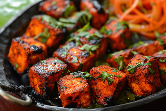 A plate of paneer tikka, a vegetarian dish made from chunks of paneer marinated in spices and grilled in a tandoor.