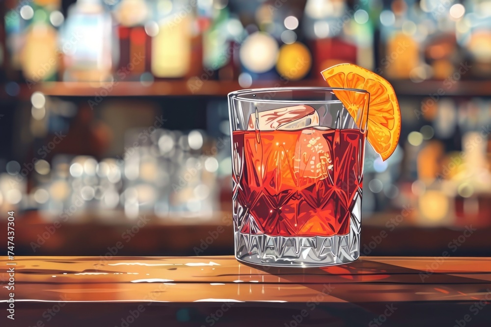 Poster close up of a drink in a glass on a table, suitable for various uses