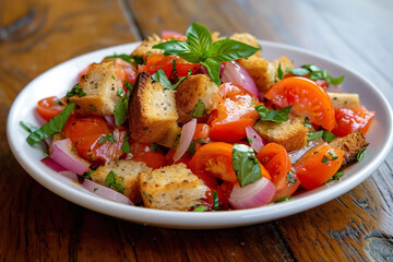 A plate of panzanella, a Tuscan bread salad made with stale bread, tomatoes, onions, and basil.
