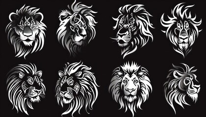 Obraz premium tribal lions head collection vector, in the style of dark white and light black, free brushwork, personal iconography
